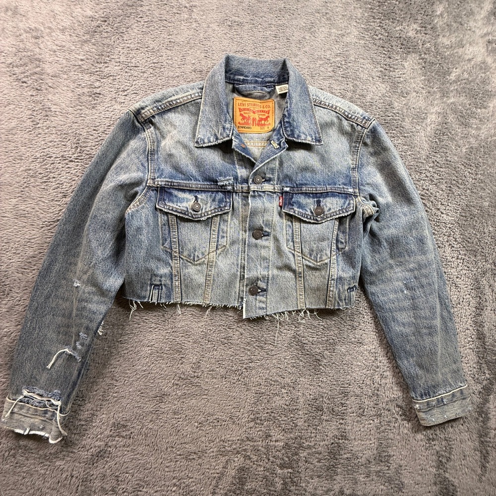 Levis Trucker Jean Jacket S Cropped Altered Distressed Thrashed Denim